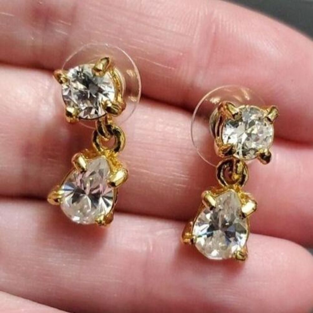 Gold Tone Clear Rhinestone Dangling Earrings